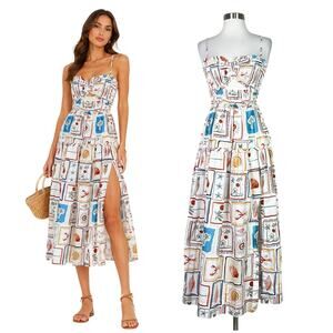 Petal + Pup | White Coastal Print Cutout Midi Dress Vacation 100% Cotton Small